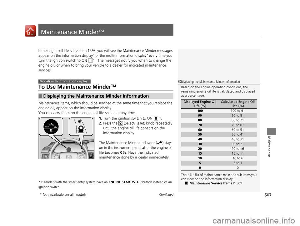 HONDA ACCORD 2017 9.G Owners Manual 507Continued
Maintenance
Maintenance MinderTM
If the engine oil life is less than 15%, you will see the Maintenance Minder messages 
appear on the information display* or the multi-information display