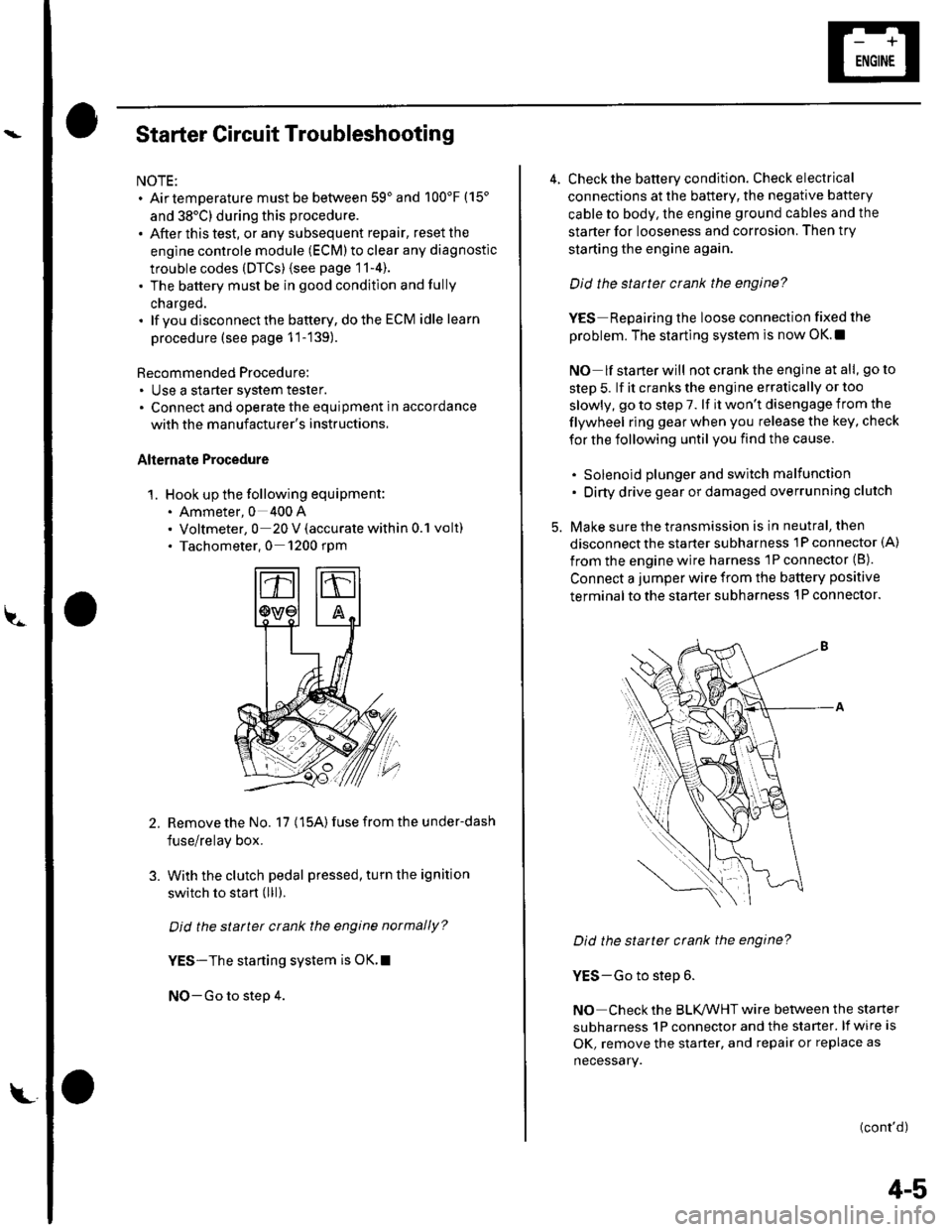 HONDA CIVIC 2003 7.G Workshop Manual Starter Circuit Troubleshooting
NOTE:. Airtemperature must be between 59and 100F (15
and 38C) during this procedure.
. After this test, or any subsequent repair, reset the
engine controle module (