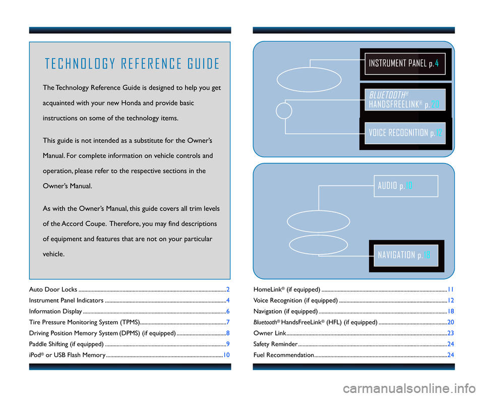 HONDA ACCORD COUPE 2011 8.G Technology Reference Guide HomeLink®(if equipped) ....................................\1....................................\1..............11
Voice Recognition (if equipped) ....................................\1.............