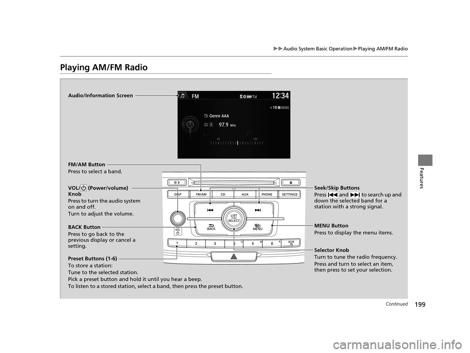 HONDA ACCORD COUPE 2016 9.G Owners Manual 199
uuAudio System Basic Operation uPlaying AM/FM Radio
Continued
Features
Playing AM/FM Radio
Audio/Information Screen
FM/AM Button
Press to select a band.
Preset Buttons (1-6)
To store a station:
Tu