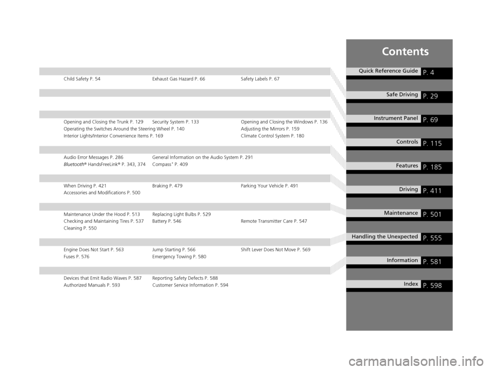 HONDA ACCORD COUPE 2016 9.G Owners Manual Contents
Child Safety P. 54Exhaust Gas Hazard P. 66Safety Labels P. 67
Opening and Closing the Trunk P. 129 Security System P. 133 Opening and Closing the Windows P. 136
Operating the Switches Around 