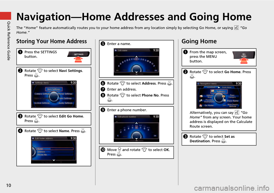 HONDA ACCORD HYBRID 2014 9.G Navigation Manual 10
Quick Reference GuideNavigation—Home Addresses and Going Home
The “Home” feature automatically routes you to your home address from any location simply by selecting Go Home, or saying d “Go