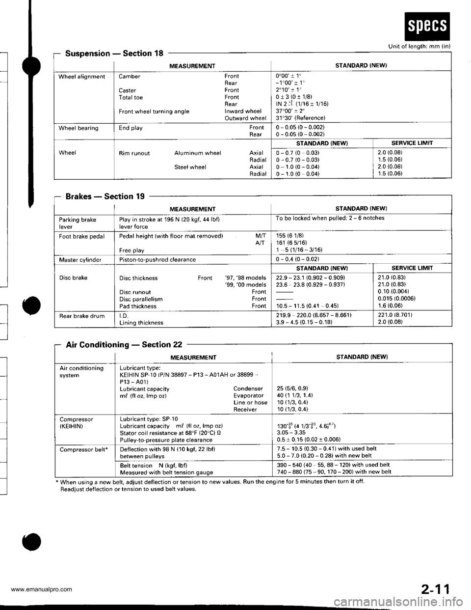 HONDA CR-V 1999 RD1-RD3 / 1.G Workshop Manual 
to
l
SuspensionSection 18
BrakesSection 19
Air ConditioningSection 22
* When using a new belt, adjust deflection or tension to new values. Run the engine for 5 minutes then turn it off.
Readjust def