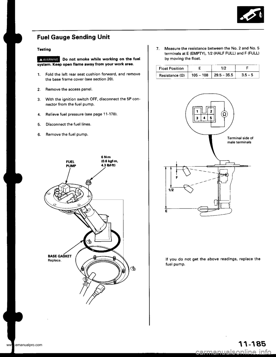 HONDA CR-V 1997 RD1-RD3 / 1.G Workshop Manual 
Fuel Gauge Sending Unit
Tgsting
@ Do not smoke while working on tho fuel
systom. Keop open flamo 8waY from your work araa.
1. Fold the left rear seat cushion forward, and remove
the base frame cover 