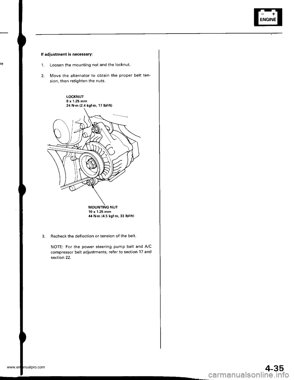 HONDA CR-V 1997 RD1-RD3 / 1.G Workshop Manual 
lf adjustment is necessary:
1. Loosen the mounting nut and the locknut.
2. Move the alternator to obtain the proper belt ten-
sion, then retighten the nuts.
LOCKNUT8 x 1.25 mm
MOUNTING NUT10 x 1.25 m