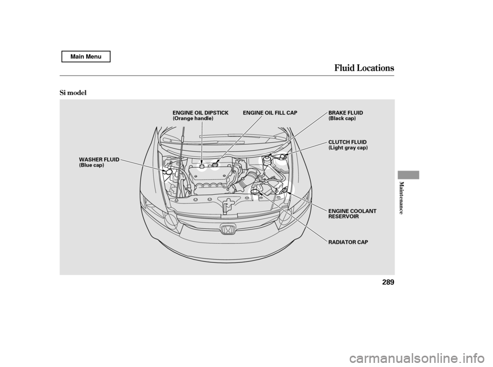 HONDA CIVIC 2011 8.G Owners Manual Fluid Locations
Maint enance
Si model
289
RADIATOR CAP
WASHER FLUID 
(Blue cap)
ENGINE COOLANT
RESERVOIR
CLUTCH FLUID
(Light gray cap)
ENGINE OIL DIPSTICK
(Orange handle)
BRAKE FLUID
(Black cap)
ENGIN