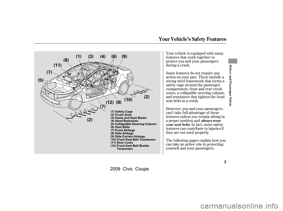 HONDA CIVIC COUPE 2009 8.G Owners Manual Your vehicle is equipped with many 
features that work together to
protect you and your passengers 
during a crash. 
However, you and your passengers 
can’t take f ull advantage of these 
f eatures 