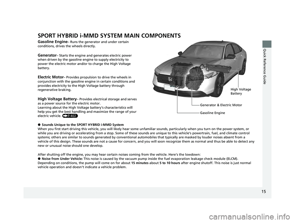HONDA ACCORD HYBRID 2023  Owners Manual 15
Quick Reference Guide
SPORT HYBRID i-MMD SYSTEM MAIN COMPONENTS
Gasoline Engine– Runs the generator and under certain 
conditions, drives the wheels directly.
Generator– Starts the engine and g