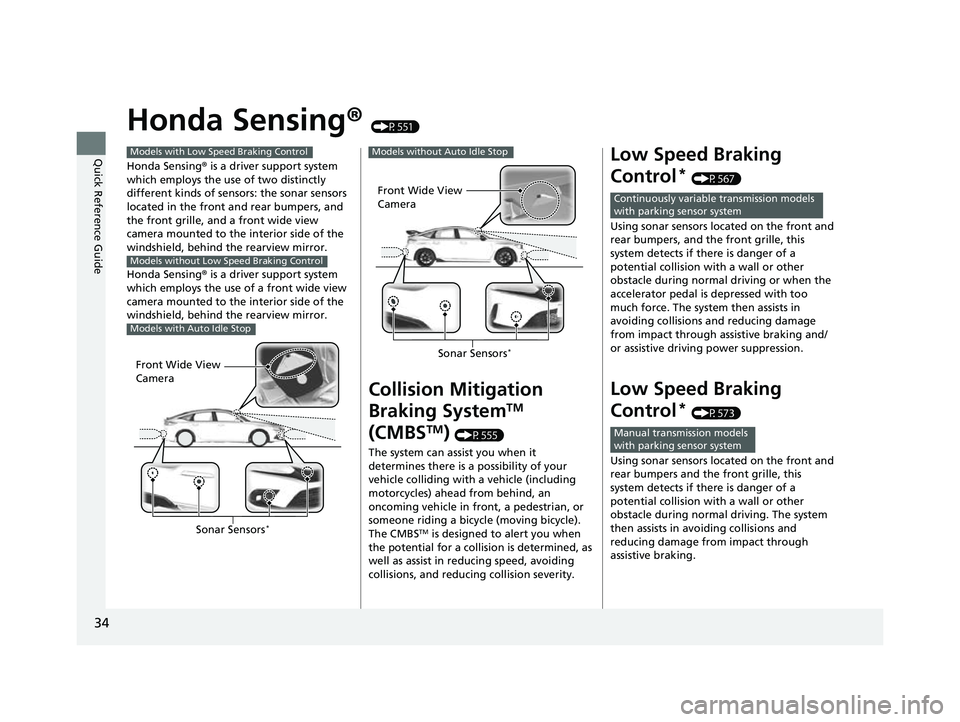 HONDA CIVIC 2023  Owners Manual 34
Quick Reference Guide
Honda Sensing® (P551)
Honda Sensing ® is a driver support system 
which employs the use of two distinctly 
different kinds of sensors: the sonar sensors 
located in the fron