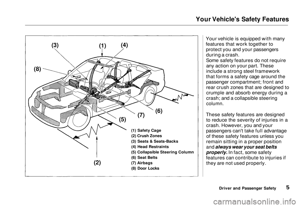 HONDA CIVIC COUPE 1998  Owners Manual Your Vehicle's Safety Features

Your vehicle is equipped with many
features that work together toprotect you and your passengersduring a crash.
Some safety features do not requireany action on you