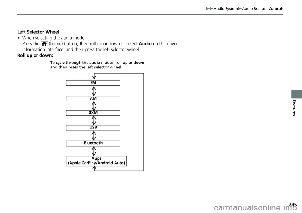 HONDA CRV 2023  Owners Manual 245
uuAudio System uAudio Remote Controls
Features
Left Selector Wheel
• When selecting the audio mode
Press the   (home) button, then roll up or down to select  Audio on the driver 
information int