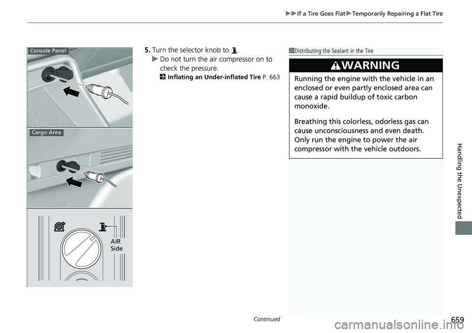 HONDA CRV 2023  Owners Manual Continued659
uuIf a Tire Goes Flat uTemporarily Repairing a Flat Tire
Handling the Unexpected
5. Turn the selector knob to  .
u Do not turn the air compressor on to 
check the pressure.
2 Inflating an