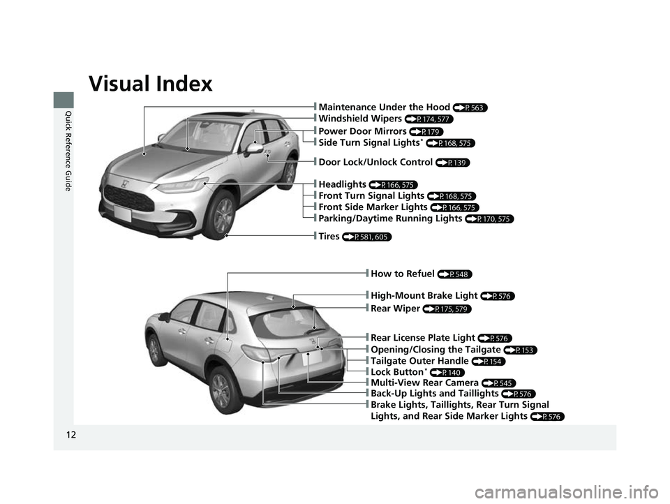 HONDA HRV 2023  Owners Manual Visual Index
12
Quick Reference Guide❚Maintenance Under the Hood (P563)
❚Windshield Wipers (P174, 577)
❚Tires (P581, 605)
❚Rear Wiper (P175, 579)
❚How to Refuel (P548)
❚Multi-View Rear Cam