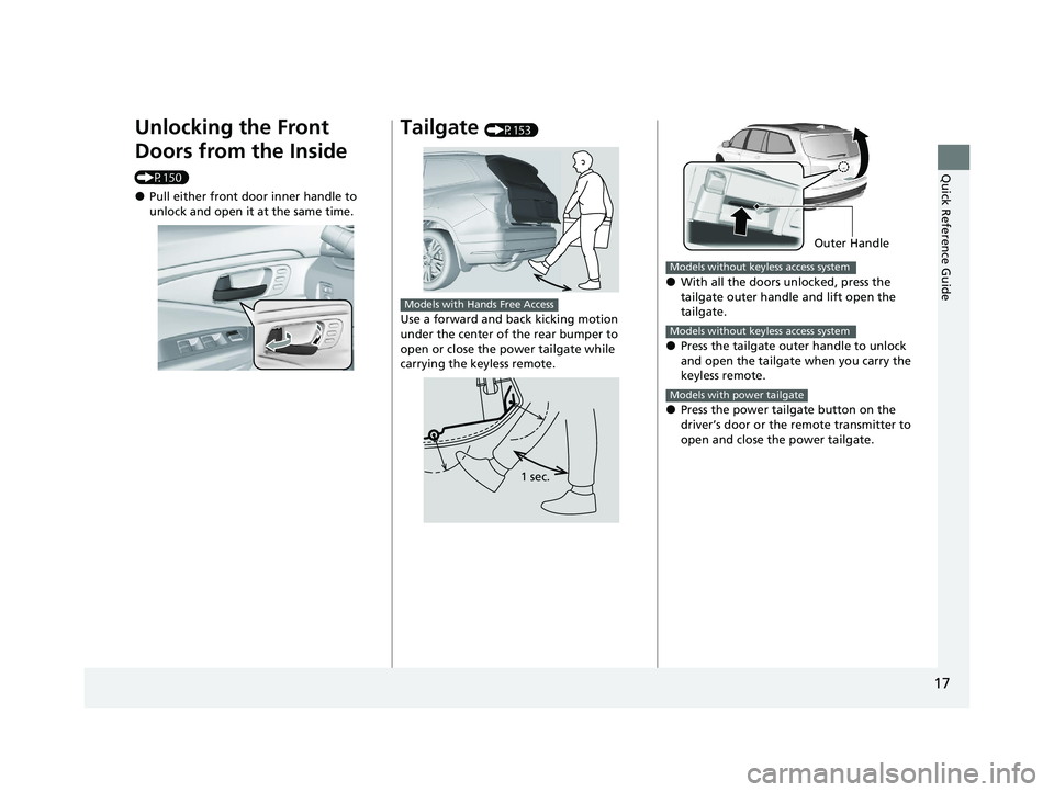 HONDA PILOT 2022  Owners Manual 17
Quick Reference Guide
Unlocking the Front 
Doors from the Inside 
(P150)
●Pull either front door inner handle to 
unlock and open it at the same time.
Tailgate (P153)
Use a forward and back kicki