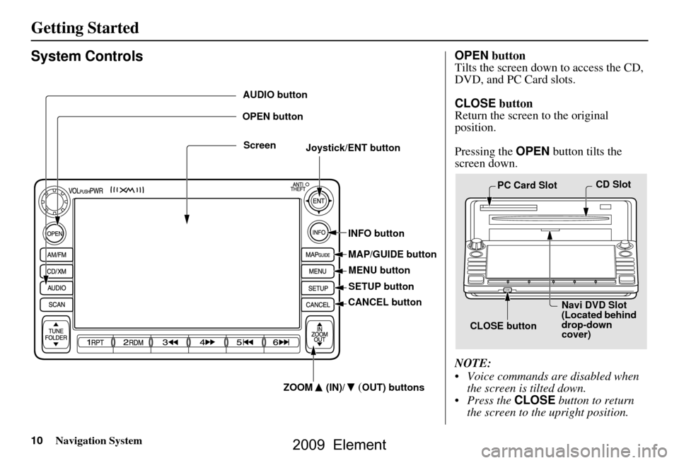 HONDA ELEMENT 2009 1.G Navigation Manual 10Navigation System
Getting Started
System ControlsOPEN button
Tilts the screen down to access the CD,  
DVD, and PC Card slots. 
CLOSE  button
Return the screen to the original  
position. 
Pressing 