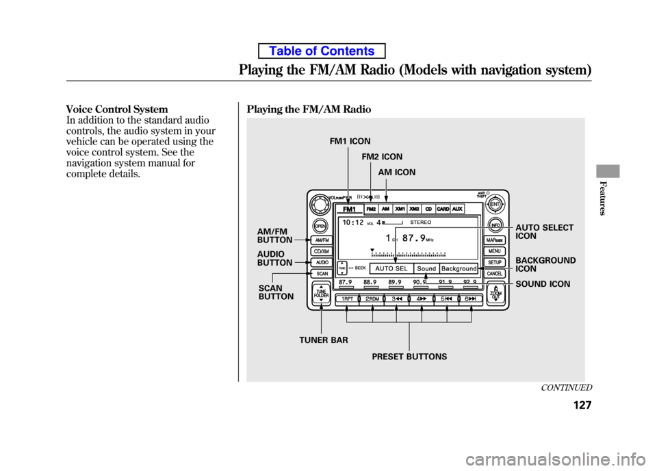 HONDA ELEMENT 2010 1.G Owners Manual Voice Control System 
In addition to the standard audio
controls, the audio system in your
vehicle can be operated using the 
voice control system. See the 
navigation system manual for
complete detai