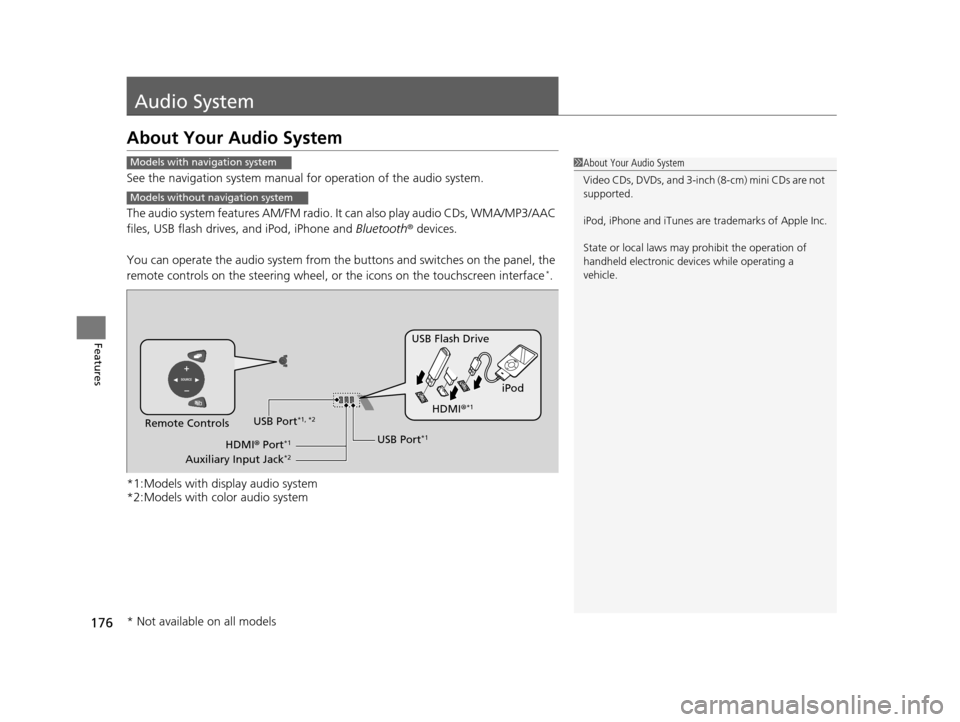 HONDA HR-V 2016 2.G Owners Manual 176
Features
Audio System
About Your Audio System
See the navigation system manual for operation of the audio system.
The audio system features AM/FM radio.  It can also play audio CDs, WMA/MP3/AAC 
f