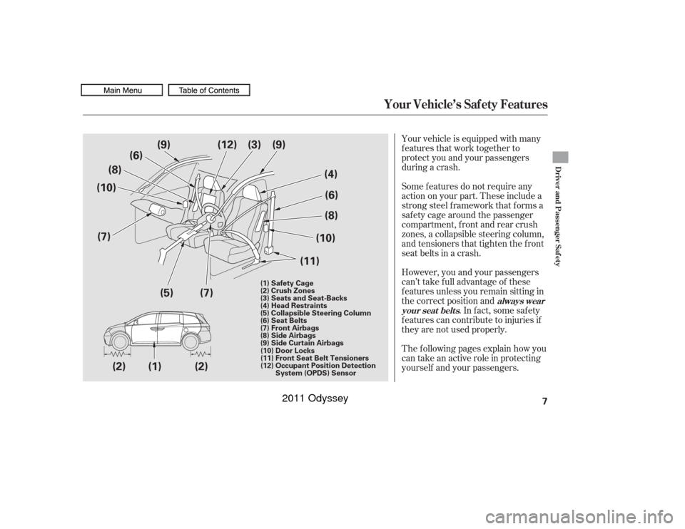 HONDA ODYSSEY 2011 RB3-RB4 / 4.G Owners Manual Your vehicle is equipped with many
features that work together to
protect you and your passengers
during a crash.
The f ollowing pages explain how you
cantakeanactiveroleinprotecting
yourself and your