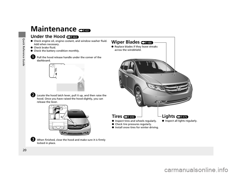 HONDA ODYSSEY 2017 RC1-RC2 / 5.G Owners Manual 20
Quick Reference Guide
Maintenance (P451)
Under the Hood (P463)
● Check engine oil, engine coolant, and window washer fluid. 
Add when necessary.
● Check brake fluid.
● Check the battery condi