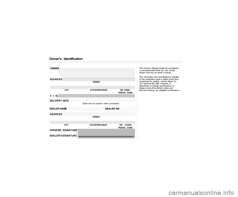 HONDA PASSPORT 2001 2.G Owners Manual Owners  Identification
This Owners  Manual  should  be considereda  permanent  part of the  car,  and  should
remain with the car when it i
s sold.
The  information  and  specifications  included in