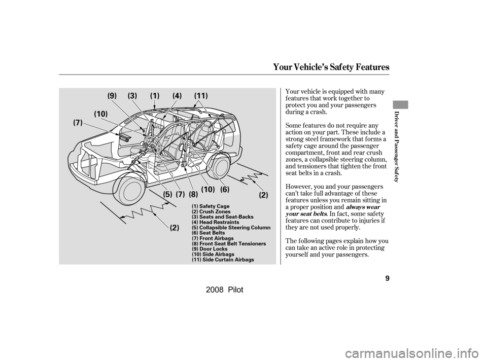 HONDA PILOT 2008 1.G Owners Manual Your vehicle is equipped with many 
features that work together to
protect you and your passengers 
during a crash. 
Some f eatures do not require any 
action on your part. These include a
strong stee