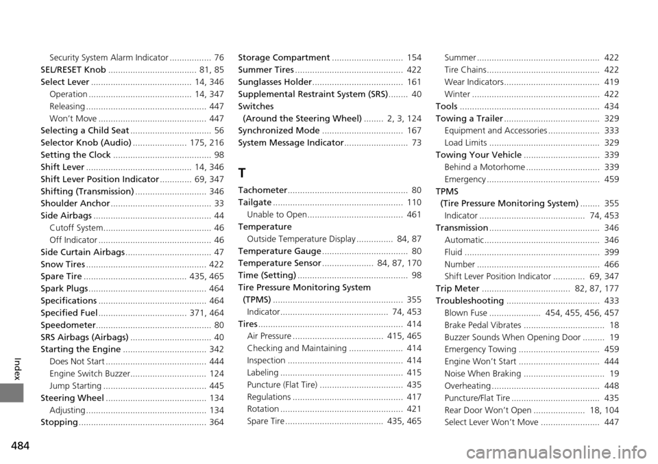 HONDA PILOT 2014 2.G Owners Manual 484
Index
Security System Alarm Indicator .................  76
SEL/RESET Knob.................................... 81,  85
Select Lever .....................
 ....................  14, 346
Operation .