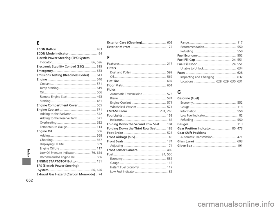 HONDA PILOT 2016 3.G Owners Manual 652
Index
E
ECON Button............................................. 483
ECON Mode Indicator .................................  94
Electric Power Steering (EPS) System Indicator ......................