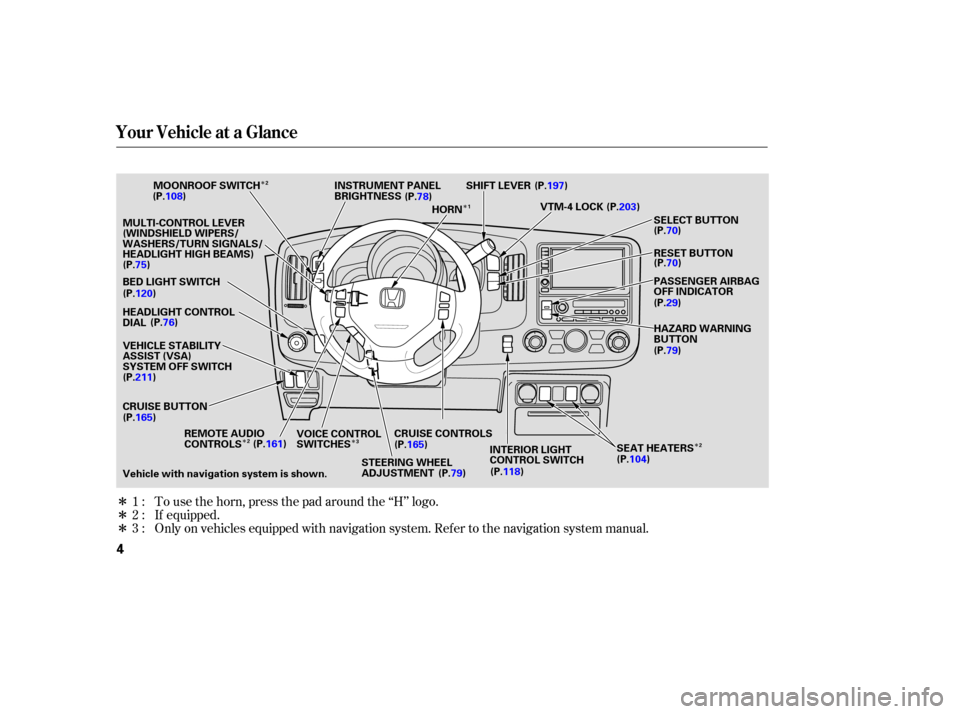 HONDA RIDGELINE 2007 1.G Owners Manual Î
Î
Î Î
Î
Î
Î
Î
To 
use  the horn,  press  the pad  around  the ‘‘H’’  logo.
Only  on vehicles  equipped  with navigation  system. Refer to the  navigation  system manual.
If 
