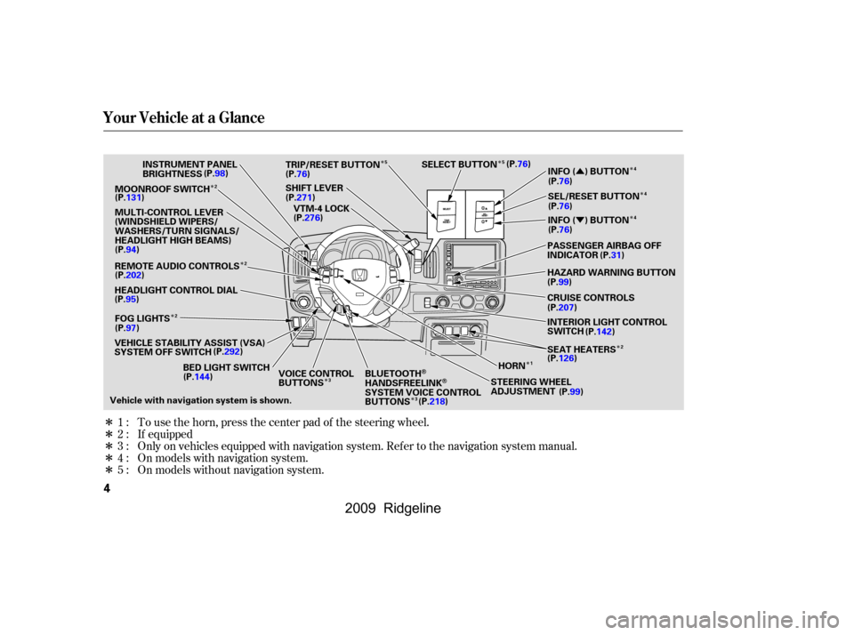 HONDA RIDGELINE 2009 1.G Owners Manual 
Î
Î
Î
Î
Î
ÎÎÎÎ
Î
Î
Î Î
Î
Î Î
Î
Û
Ý
Only on vehicles equipped with navigation system. Ref er to the navigation system manual. To use the horn, press the center pa