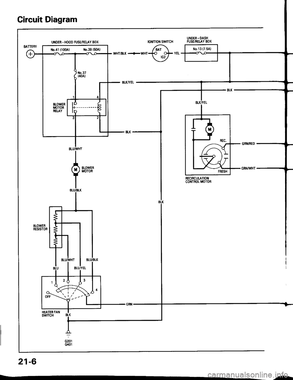 HONDA INTEGRA 1994 4.G Workshop Manual UNOER - HOOO FUSE/REI.AY 8OX
Circuit Diagram
WtlT/BtK.+WtfT
UiIDEN - OASHFUSE/RETAY 8OX
RECIRCUI.ATIONcoMTBor- Moron
nrotG401
N0.13 (7.5A1
21-6
-] 