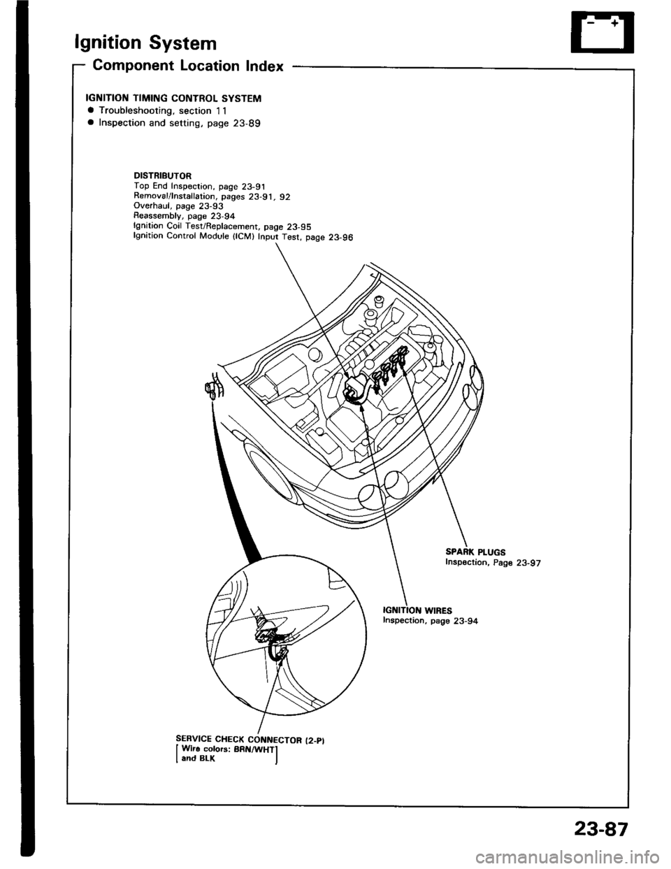 HONDA INTEGRA 1994 4.G Workshop Manual lgnition System
Gomponent Location Index
IGNITION TIMING CONTROL SYSTEMa Troubleshooting, section I1a Inspection and setting, page 23-89
DISTRIBUTORTop End Inspection, page 23-91Removal/lnstallation, 