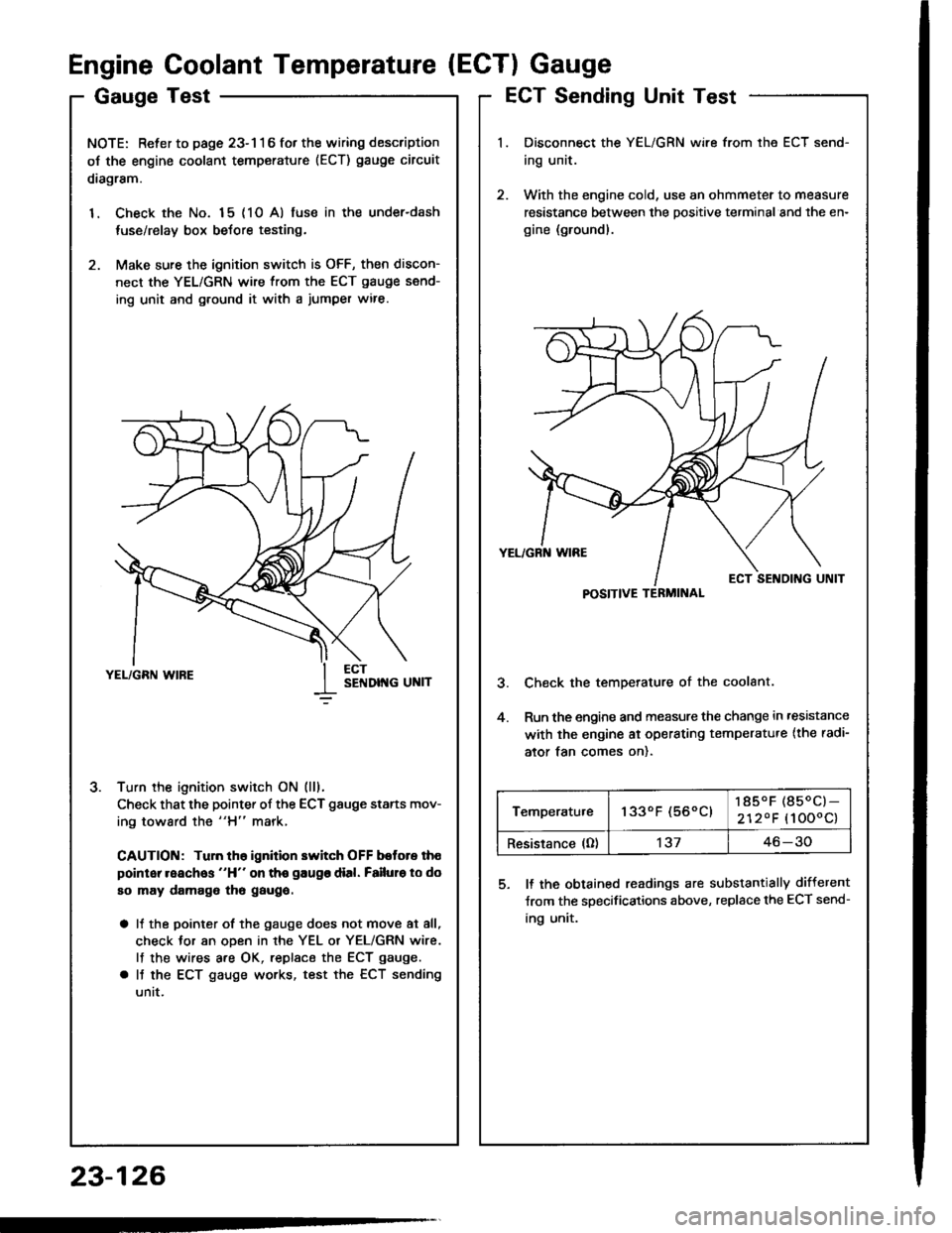 HONDA INTEGRA 1994 4.G Workshop Manual GaugeTest
NOTE: Refer to page 23-116 fot the wiring description
oJ the engine coolant temperature (ECT) gauge circuit
diagram.
1. Check the No. 15 (10 A) fuse in the under-dash
tuse/relay box before t