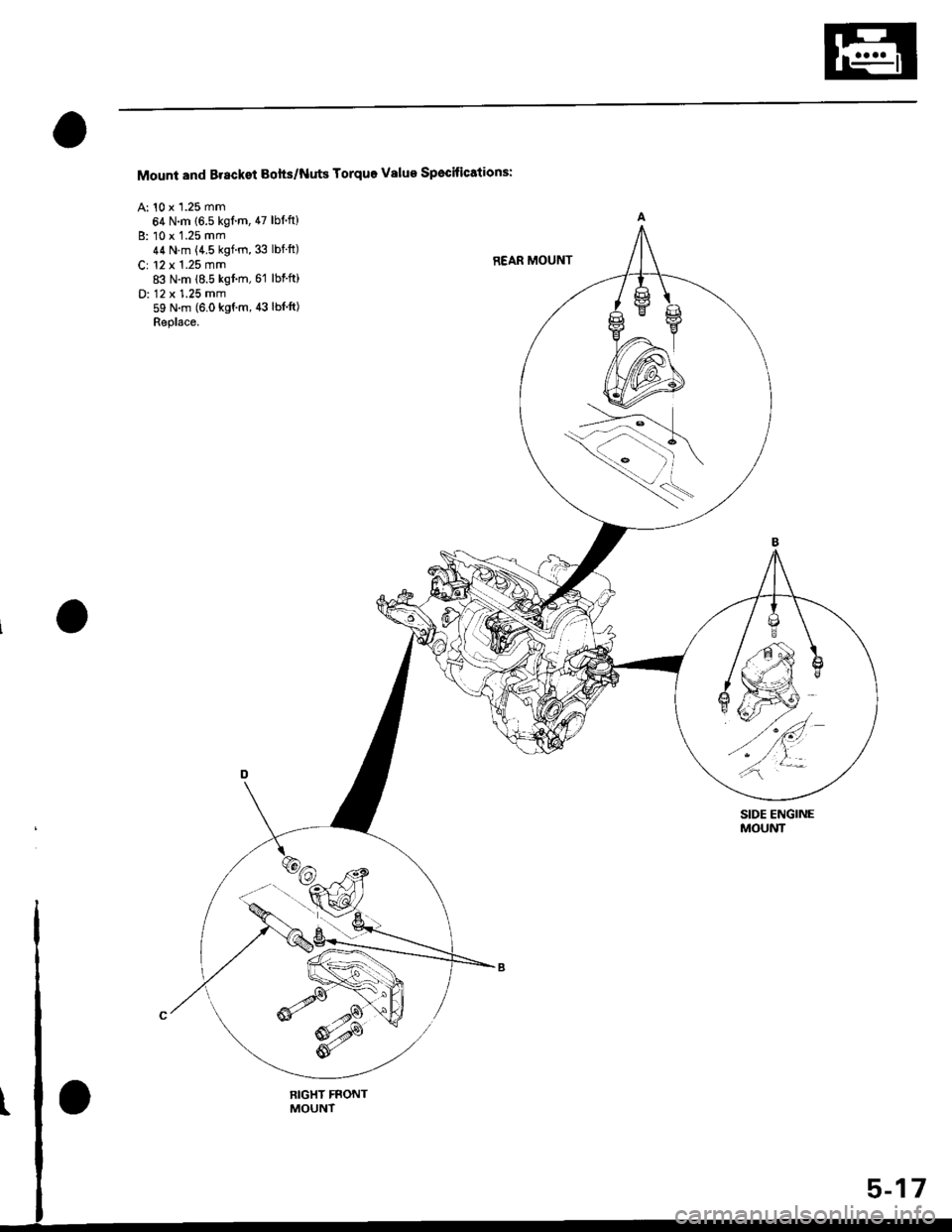 HONDA CIVIC 1996 6.G Workshop Manual Mount and Brackst Bohs/Nuts Torque Value Spocitications:
A: 10 x 1.25 mm
64 N.m {6.5 kglm, 47 lbfft}
B: 10 i 1.25 mm44 N.m {4.5 kgim,33 lbtft)
C: 12 x 1.25 mm83 N.m 18.5 kgtm, 61 lbfft)
D: 12 x 1