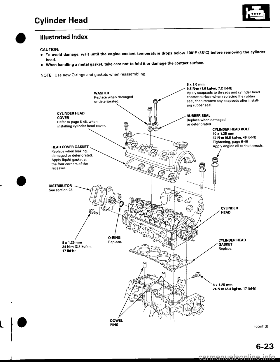 HONDA CIVIC 1997 6.G Workshop Manual Gylinder Head
lllustrated Index
CAUTION:
. To avoid damage, wait until the engine coolant temperatule drops below 100"F (38C) before removing the cylinder
head.
. When handling a metal gasket, take c