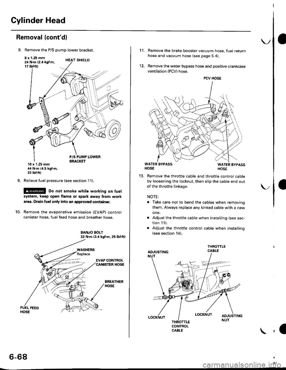 HONDA CIVIC 1997 6.G Workshop Manual Cylinder Head
Removal (contd)
8. Remove the P/S pump lower bracket.
8 x 1.25 mm24 N.m 12.4 kgf.m,17 tbtftl
9.
T SHIELD
10.
P/S PUMP LOWERBRACKET10 x 1.25 mm44 N.m {4.5 kgf.m,33 tbf.frl
Relieve fuel p