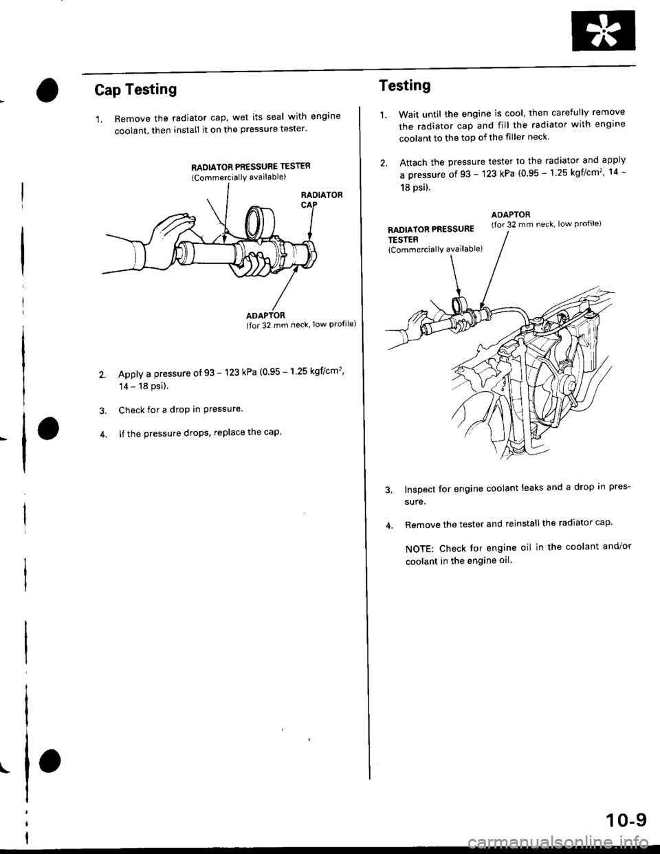 HONDA CIVIC 1996 6.G Workshop Manual Cap Testing
1. Remove the radiator cap, wet its seal with engine
coolant, then install it on the pressure tester
RADIATOR PR€SSURE TESTER(CommerciallY available)
RAOIATOR
(for 32 mm neck low Pro{i