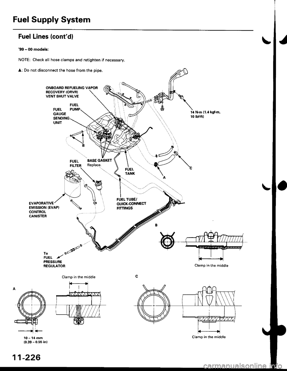 HONDA CIVIC 1996 6.G Workshop Manual Fuel Supply System
Fuel Lines (contdl
.99 - 00 models:
NOTE: Check all hose clamps and retighten if necessary.
 : Do not disconnect the hose from the pipe.
ONBOARD REFUELING VAPORBECOVERY IORVRIVENT 
