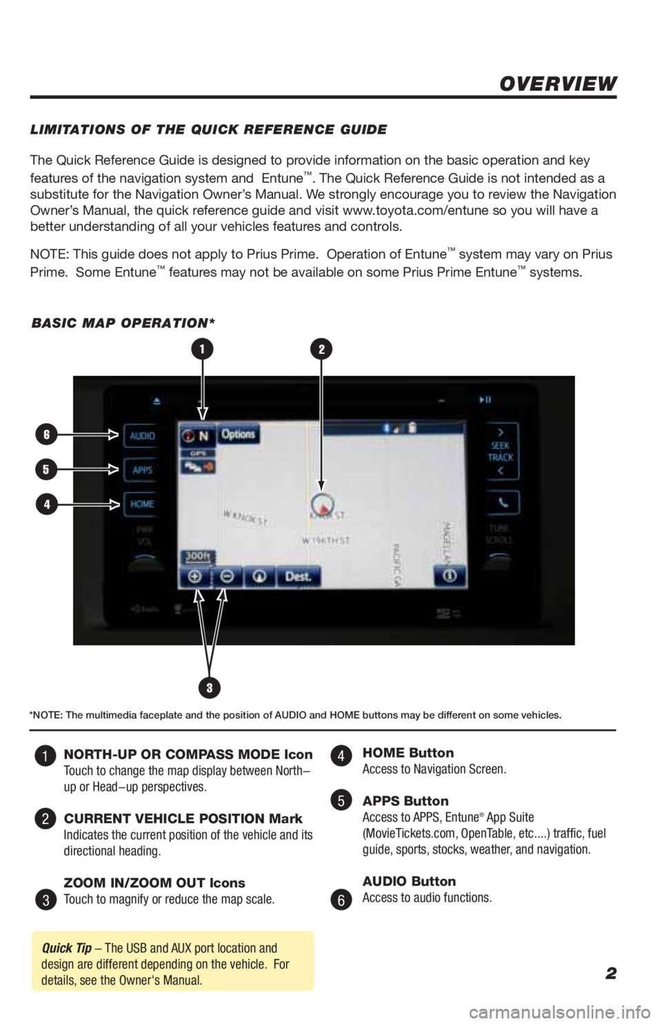TOYOTA 4RUNNER 2019  Accessories, Audio & Navigation (in English) 2
The Quick Reference Guide is designed to provide information on the basic operation and key 
features of the navigation system and  Entune™. The Quick Reference Guide is not intended as a 
substit