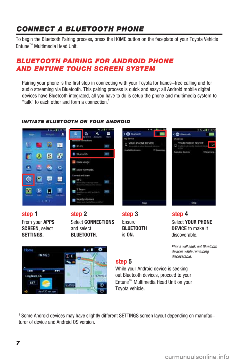 TOYOTA 4RUNNER 2019  Accessories, Audio & Navigation (in English) 7
Pairing your phone is the first step in connecting with your Toyota for hands-free calling and for 
audio streaming via Bluetooth. This pairing process is quick and easy: all Android mobile digital 