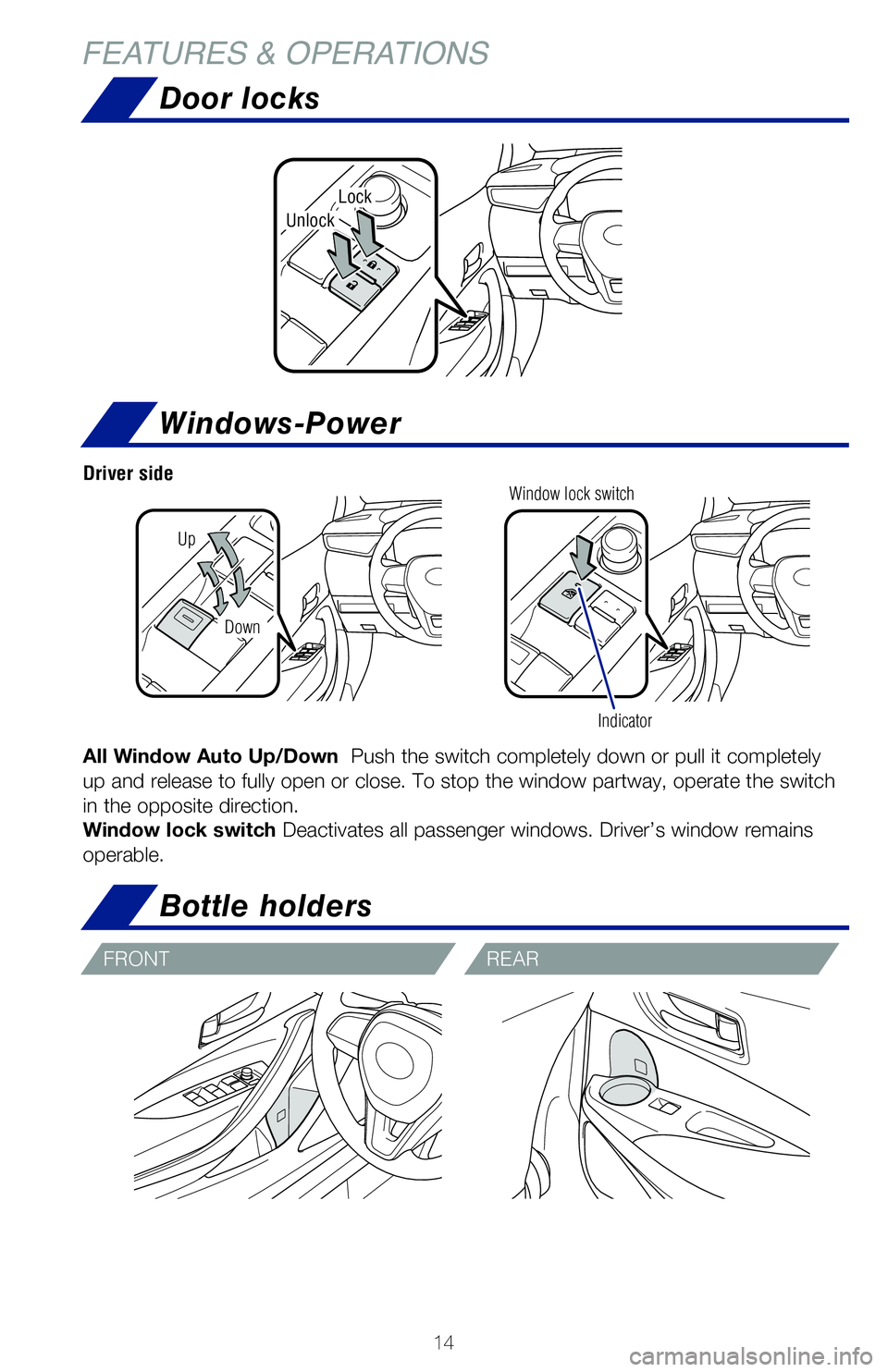 TOYOTA COROLLA HATCHBACK 2019  Owners Manual (in English) 14
Windows-Power
All Window Auto Up/Down  Push the switch completely down or pull it completely 
up and release to fully open or close. To stop the window partway, opera\
te the switch 
in the opposit