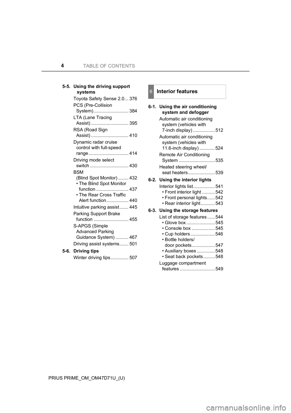 TOYOTA PRIUS PRIME 2021  Owners Manual (in English) TABLE OF CONTENTS4
PRIUS PRIME_OM_OM47D71U_(U)5-5. Using the driving support 
systems
Toyota Safety Sense 2.0 ... 376
PCS (Pre-Collision 
System) ........................... 384
LTA (Lane Tracing 
Ass