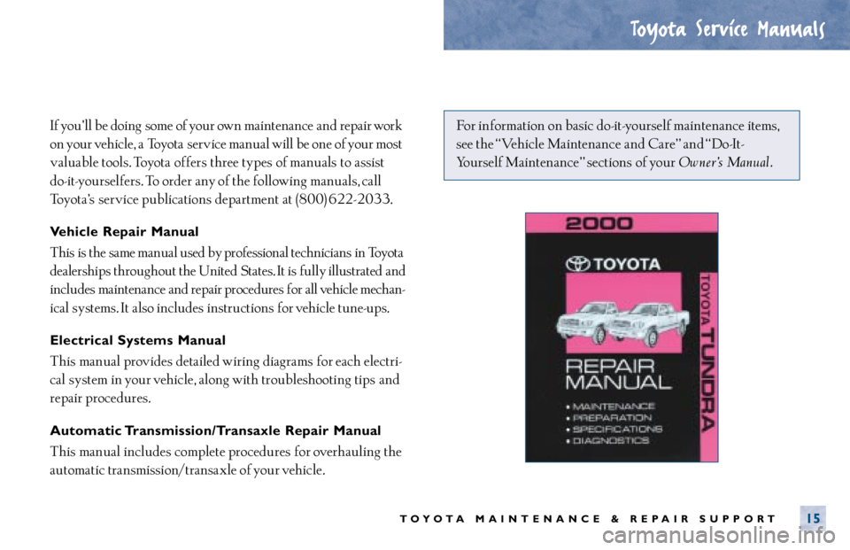 TOYOTA SOLARA 2000  Warranties & Maintenance Guides (in English) If you’ ll be doing  some of your own maintenance  and repair work
on your vehicle,  a Toyota service manual will be one of your most
valuable tools. Toyota offers three types of manuals to  assist 
