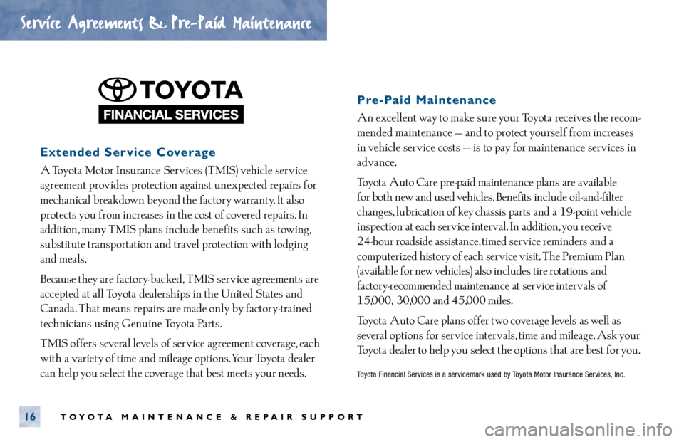 TOYOTA SOLARA 2000  Warranties & Maintenance Guides (in English) Extended Service Coverage
A Toyota Motor Insurance  Services (TMIS) vehicle  service
agreement provides protection  against unexpected repairs for
mechanical breakdown beyond the factory warranty. It 