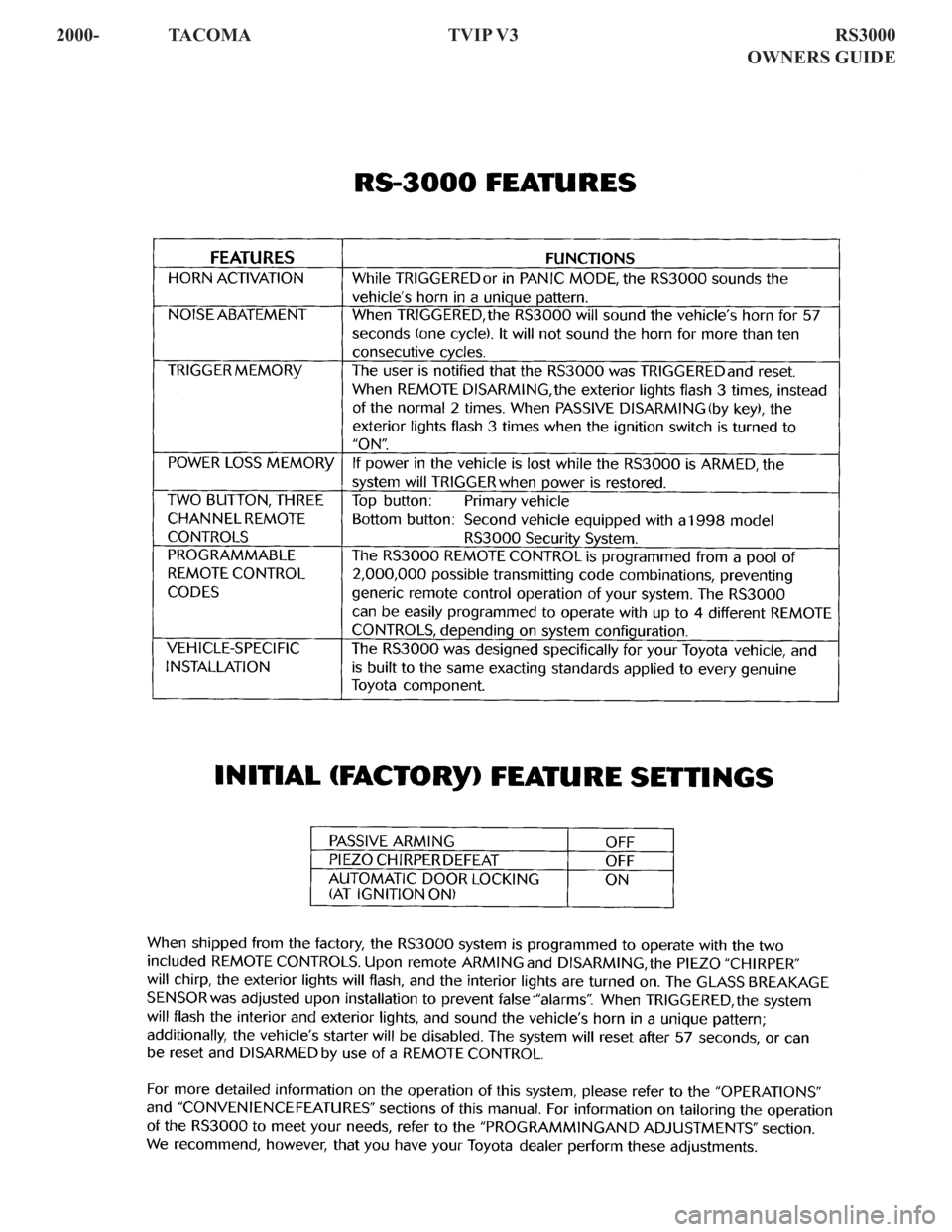 TOYOTA TACOMA 2001  Accessories, Audio & Navigation (in English) 2000- TACOMA  TVIP V3    RS3000
      OWNERS GUIDE 