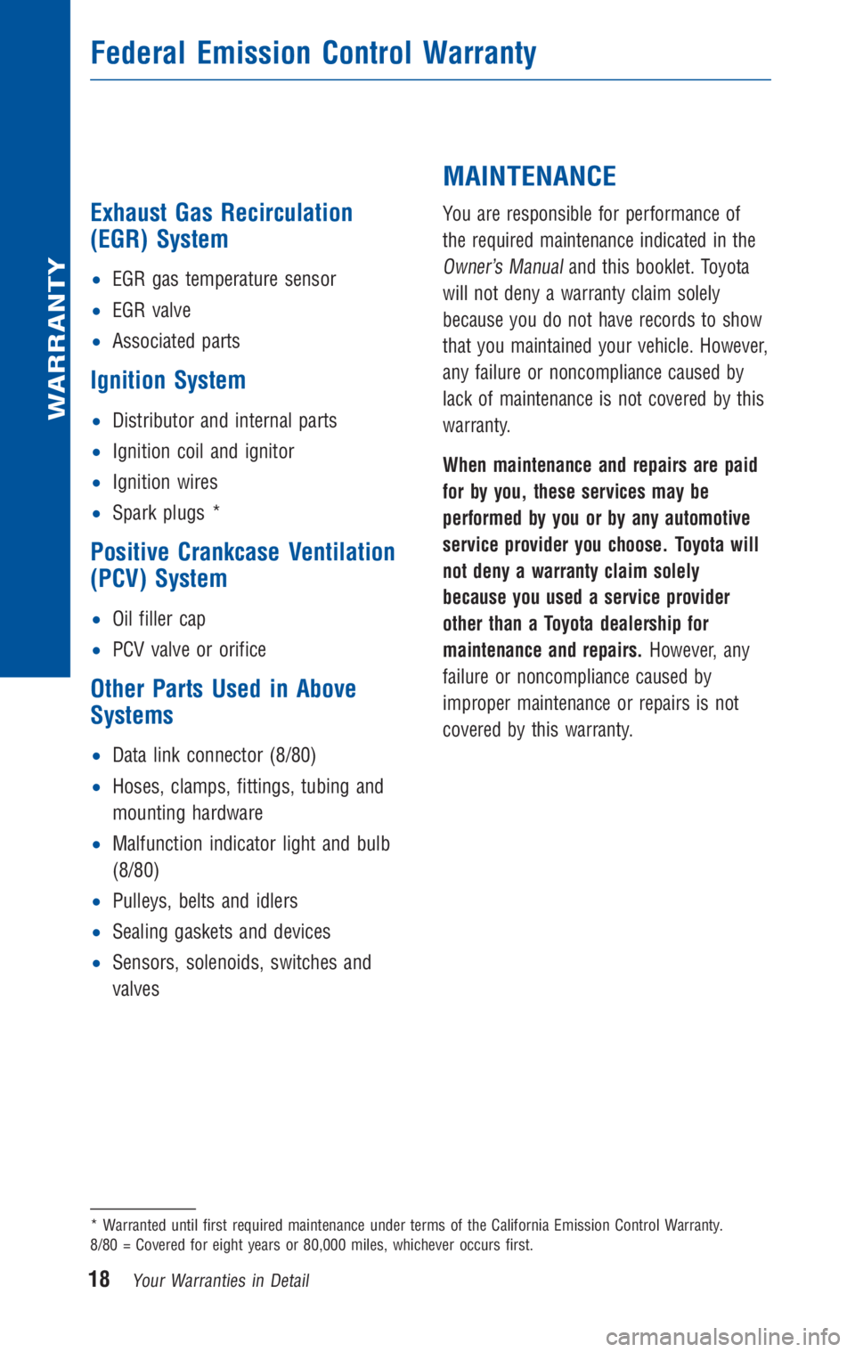 TOYOTA TACOMA 2010  Warranties & Maintenance Guides (in English) Exhaust Gas Recirculation
(EGR) System
•EGR gas temperature sensor
•EGR valve
•Associated parts
Ignition System
•Distributor and internal parts
•Ignition coil and ignitor
•Ignition wires
�