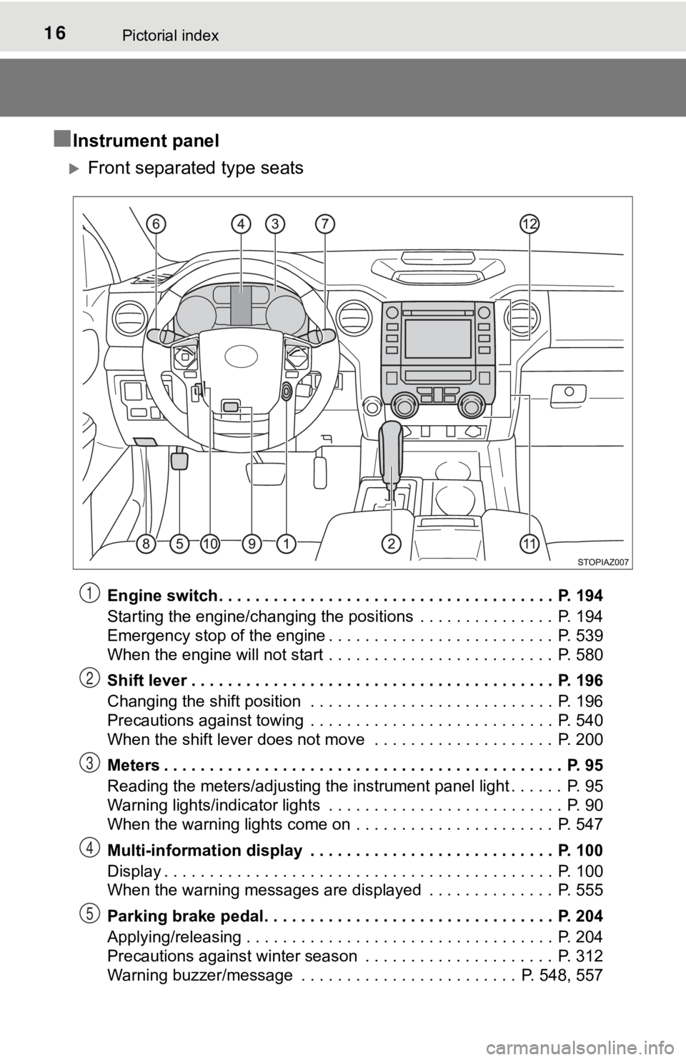TOYOTA TUNDRA 2019  Owners Manual (in English) 16Pictorial index
■Instrument panel
Front separated type seats
Engine switch . . . . . . . . . . . . . . . . . . . . . . . . . . . . . . . . . . . . .  P. 194
Starting the engine/changing the pos