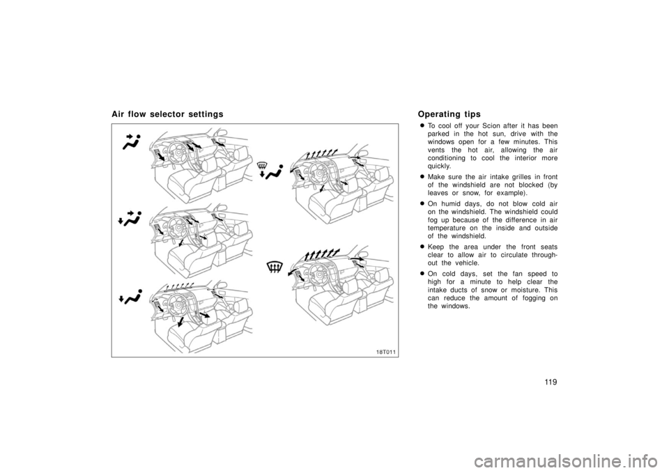 TOYOTA tC 2006  Owners Manual (in English) 11 9
Air flow selector settingsOperating tips
To cool off your Scion after it has been
parked in the hot  sun, drive with the
windows open for a few minutes. This
vents the hot air, allowing the air

