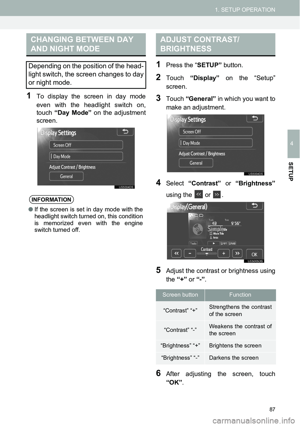 TOYOTA xB 2015  Accessories, Audio & Navigation (in English) 87
1. SETUP OPERATION
4
SETUP
1To display the screen in day mode
even with the headlight switch on,
touch “Day Mode” on the adjustment
screen.
1Press the “SETUP” button.
2Touch “Display” o