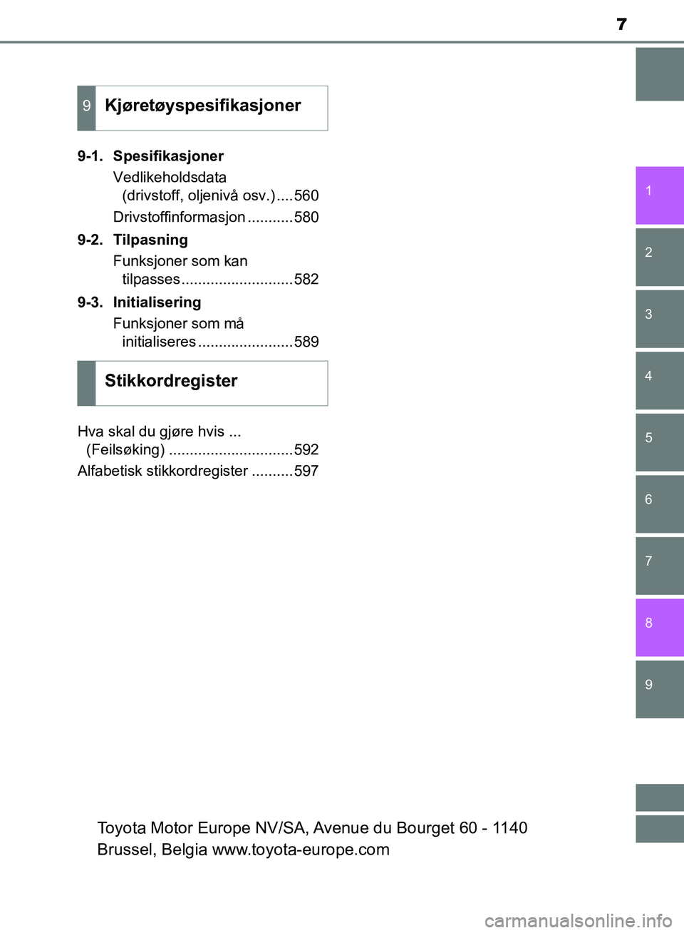 TOYOTA AURIS 2018  Instruksjoner for bruk (in Norwegian) 7
1
9 8
7 5 4
3
2
UK AURIS_HB_EE  (OM12F19NO)
6
9-1. SpesifikasjonerVedlikeholdsdata (drivstoff, oljenivå osv.) ....560
Drivstoffinformasjon ...........580
9-2. Tilpasning Funksjoner som kan tilpasse