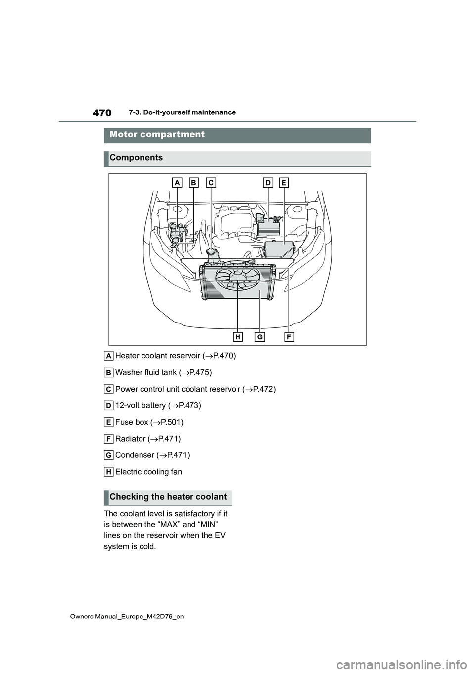 TOYOTA BZ4X 2022  Owners Manual (in English) 470
Owners Manual_Europe_M42D76_en
7-3. Do-it-yourself maintenance
Heater coolant reservoir (P.470) 
Washer fluid tank ( P.475) 
Power control unit coolant reservoir ( P.472) 
12-volt battery